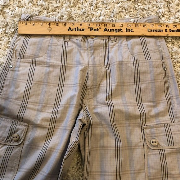 Mens Sz 34 Lightweight Cargo Shorts 12" Tan Plaid Adjustable Drawstring Waist HR - Picture 8 of 9